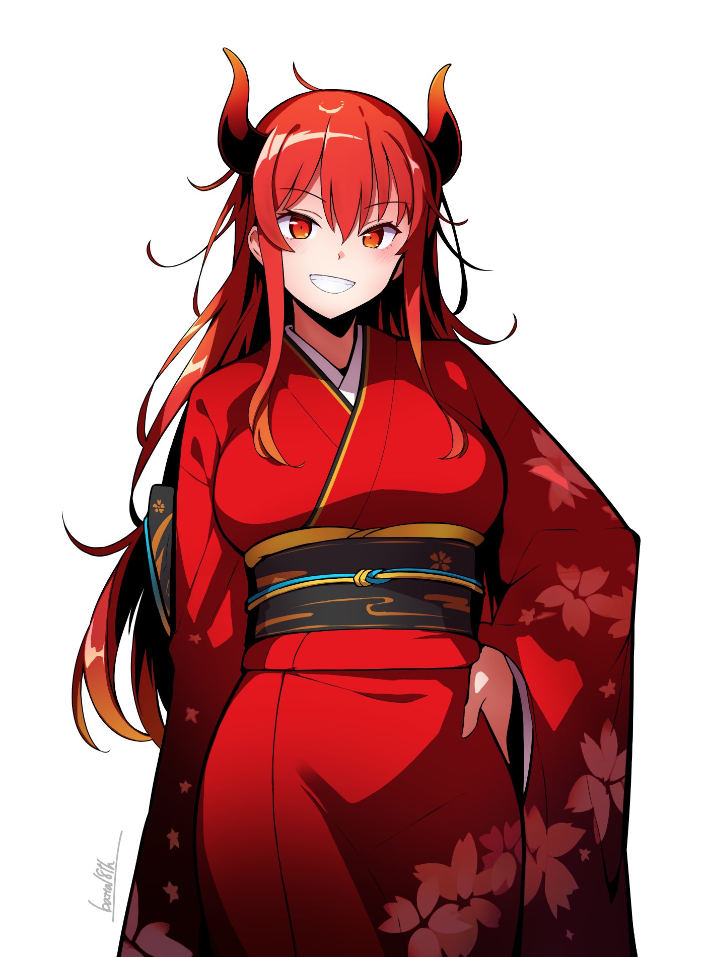 1girl ahoge batta_16-sei blush breasts cowboy_shot dola_(nijisanji) dragon_horns hair_between_eyes hand_on_own_hip highres horns japanese_clothes kimono large_breasts long_hair looking_at_viewer nijisanji red_eyes red_hair red_kimono signature simple_background smile white_background