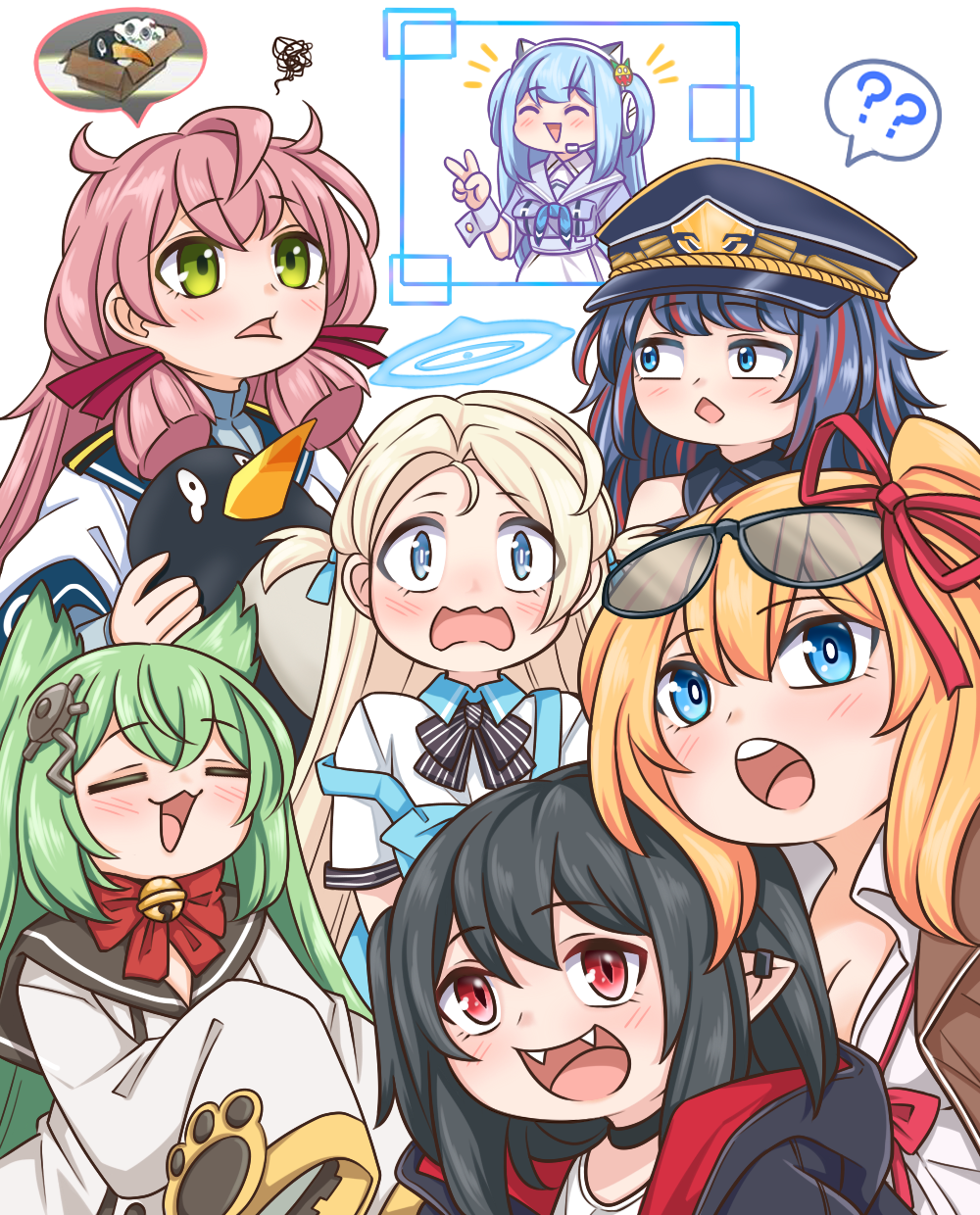 6+girls :d ? ?? ^_^ akashi_(azur_lane) akashi_(kancolle) animal_ear_headphones animal_ears apron arknights artery_gear azur_lane black-framed_eyewear black_choker black_hair black_headwear black_jacket black_sailor_collar blonde_hair blue_apron blue_archive blue_eyes blue_hair blush box breasts brown_jacket cardboard_box character_request choker cleavage closed_eyes closure_(arknights) collared_shirt commentary crossover dress english_commentary eyewear_on_head failure_penguin fake_animal_ears fangs girls'_frontline glasses goddess_of_victory:_nikke green_eyes green_hair guin_guin hair_between_eyes halo hat headphones headset highres hood hood_down hooded_jacket jacket kalina_(girls'_frontline) kantai_collection long_hair medium_breasts miss_cloud multicolored_hair multiple_crossover multiple_girls notice_lines one_side_up open_clothes open_jacket open_mouth peaked_cap pink_hair red_eyes red_hair sailor_collar sailor_dress shirt simple_background smile sora_(blue_archive) spoken_question_mark squiggle streaked_hair teardrop very_long_hair wavy_mouth white_background white_dress white_shirt wrist_cuffs