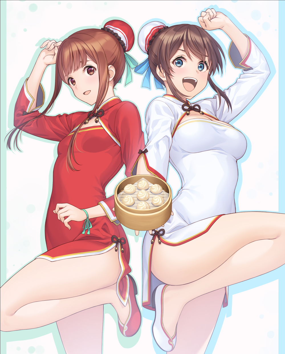 2girls :d alternate_hairstyle aqua_outline aqua_ribbon arm_up bamboo_steamer blue_eyes blue_outline blue_ribbon breasts brown_eyes brown_hair bun_cover china_dress chinese_clothes clenched_hand commentary_request cowboy_shot dress dumpling fingernails food hair_bun hair_ribbon high_heels highres holding idolmaster idolmaster_million_live! jiaozi leg_up long_hair long_sleeves looking_at_viewer medium_breasts medium_hair multiple_girls nanaran open_mouth outline parted_lips pillarboxed pumps raised_eyebrows red_dress red_footwear ribbon satake_minako side_slit simple_background single_hair_bun small_breasts smile standing standing_on_one_leg tanaka_kotoha teeth thighs upper_teeth_only white_background white_dress white_footwear wide_sleeves wrist_ribbon