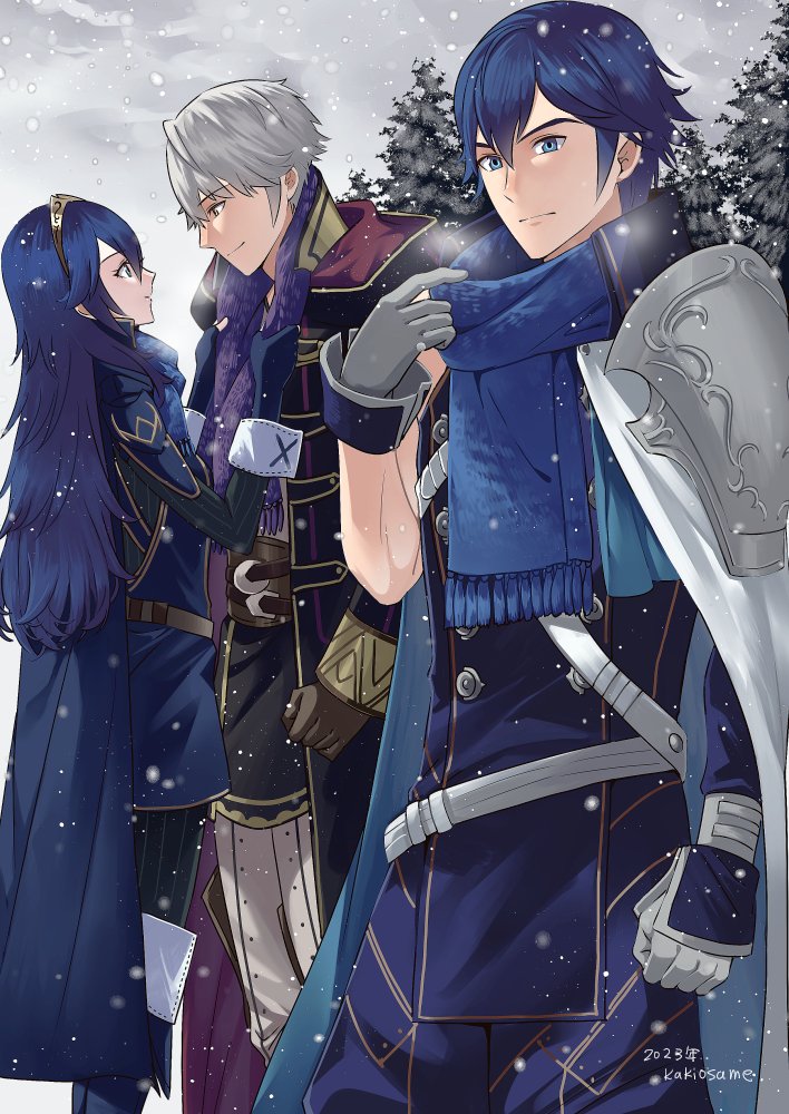 1girl 2boys ameno_(a_meno0) artist_name belt black_sweater blue_cape blue_eyes blue_gloves blue_hair blue_pants blue_scarf brown_belt brown_eyes brown_gloves cape chrom_(fire_emblem) closed_mouth commentary_request father_and_daughter fingerless_gloves fire_emblem fire_emblem_awakening gloves grey_gloves grey_sky hair_between_eyes long_hair looking_at_another looking_at_viewer lucina_(fire_emblem) multiple_boys outdoors pants profile purple_scarf ribbed_sweater robin_(fire_emblem) robin_(male)_(fire_emblem) scarf short_hair single_sleeve sky smile snow snowing sweater tiara white_hair white_pants