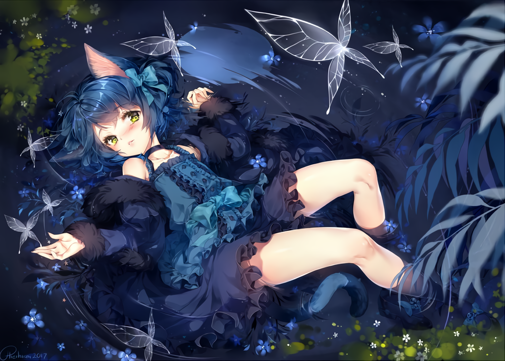 animal_ears blue_hair blush butterfly catgirl dress flowers goth-loli green_eyes hieihirai lolita_fashion long_hair original signed tail water