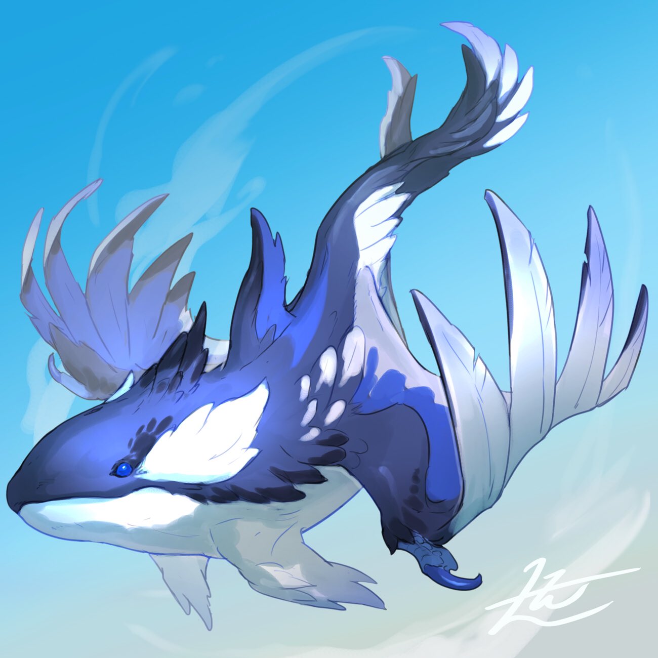 animal_focus blue_eyes blue_sky commentary english_commentary feathered_wings fins flying from_side full_body highres looking_at_viewer no_humans orca original sky solo winged_animal wings yamamura_le