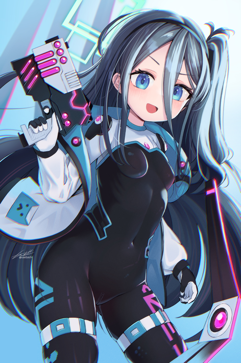 1girl alternate_costume aqua_halo aris_(blue_archive) black_bodysuit blue_archive blue_eyes blue_hair bodysuit breasts dark_blue_hair gun hand_up highres holding holding_gun holding_weapon long_hair looking_at_viewer number_print open_mouth ringed_eyes saebashi small_breasts smile solo square_halo weapon