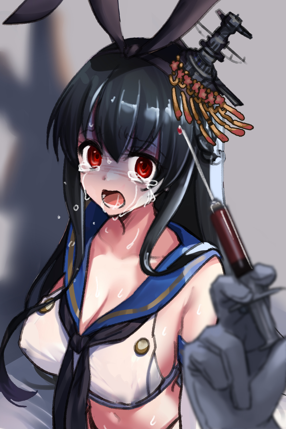 1girl 1other black_hair black_hairband black_neckerchief blue_sailor_collar breasts commentary_request cosplay crop_top crying crying_with_eyes_open eckert&amp;eich fusou_(kancolle) hairband head_only highres kantai_collection large_breasts long_hair looking_at_viewer neckerchief one-hour_drawing_challenge red_eyes sailor_collar shadow shimakaze_(kancolle) shimakaze_(kancolle)_(cosplay) shirt sleeveless sleeveless_shirt syringe tears upper_body