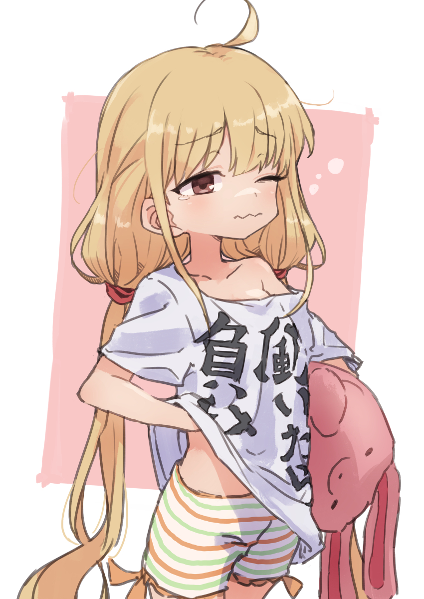 1girl ahoge blonde_hair blush border brown_eyes closed_mouth collarbone dot_nose flat_chest futaba_anzu gazacy_(dai) hair_tie highres holding holding_stuffed_toy idolmaster idolmaster_cinderella_girls idolmaster_cinderella_girls_starlight_stage long_hair looking_at_another low_twintails midriff_peek one_eye_closed outside_border pink_background print_shirt shirt short_sleeves shorts simple_background single_bare_shoulder single_off_shoulder single_tear sleepy solo striped_clothes striped_shorts stuffed_animal stuffed_rabbit stuffed_toy text_print twintails two-tone_shorts very_long_hair wavy_mouth white_border white_shirt