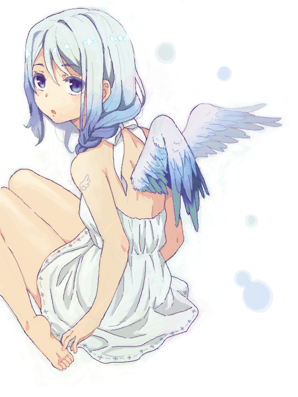 1girl :o arm_tattoo arms_at_sides bad_drawr_id bad_id bare_legs barefoot blue_eyes blue_wings character_request copyright_request dress feathered_wings gradient_hair looking_at_viewer mattaku_mousuke multicolored_hair nape oekaki parted_lips purple_hair simple_background sitting soles solo streaked_hair tattoo toes wariza white_background white_dress white_hair wing_tattoo wings