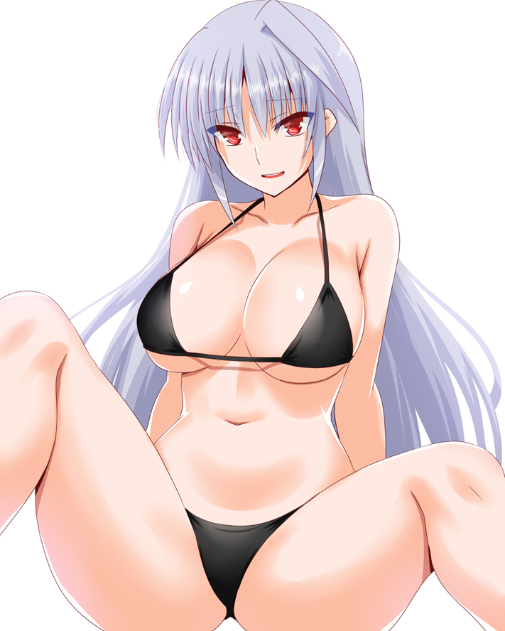 1girl bikini black_bikini breasts cleavage collarbone commentary_request engo_(aquawatery) grey_hair large_breasts long_hair lyrical_nanoha mahou_shoujo_lyrical_nanoha mahou_shoujo_lyrical_nanoha_a's navel red_eyes reinforce simple_background sitting solo swimsuit white_background