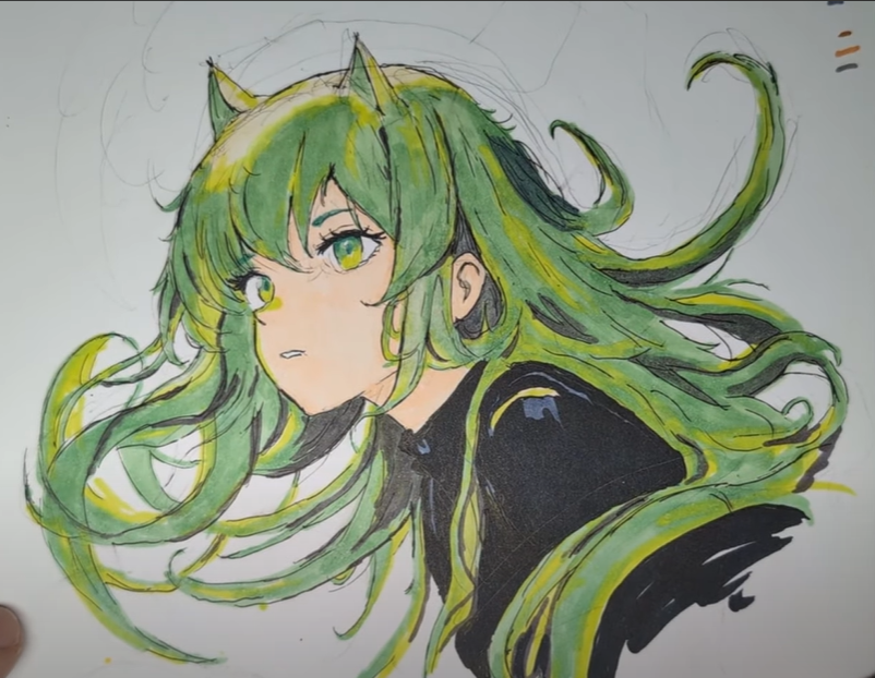1girl animal_ears artist's_hand_in_frame black_shirt cat_ears cat_girl cropped_shoulders green_eyes green_hair marker_(medium) non-web_source original parted_lips pewdiepie portrait screenshot shirt solo tagme traditional_media