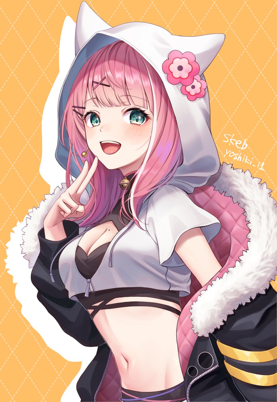 1girl animal_ears animal_hood bell black_jacket black_shirt breasts cleavage cleavage_cutout clothing_cutout commission crop_top crop_top_overhang cropped_hoodie drop_shadow fake_animal_ears fur_trim green_eyes hair_ornament hand_up highres hood hoodie indie_virtual_youtuber jacket jingle_bell long_hair long_sleeves looking_at_viewer medium_breasts midriff minto_kanda mole mole_on_breast multicolored_hair navel off_shoulder open_clothes open_jacket open_mouth pink_hair shirt short_sleeves skeb_commission smile solo stomach streaked_hair undershirt upper_body v virtual_youtuber white_hoodie white_shirt x_hair_ornament yoshiki1020