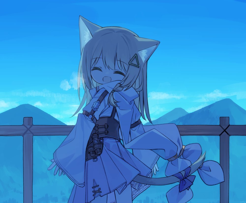 1girl :d ^_^ animal_ear_fluff animal_ears blue_sky breath brown_hair cat_ears cat_girl cat_tail closed_eyes cloud commentary_request day facing_viewer fence hair_ornament hood hood_down hoodie long_hair long_sleeves looking_at_viewer looking_to_the_side mountain original outdoors pleated_skirt skirt sky sleeves_past_wrists smile solo tail waka_(yuuhagi_(amaretto-no-natsu)) white_hoodie wide_sleeves yuuhagi_(amaretto-no-natsu)