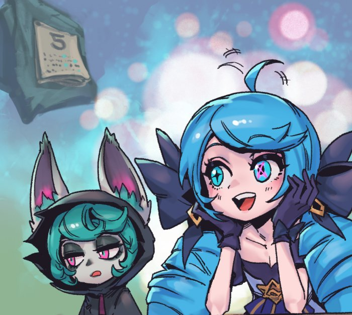 2girls :d ahoge black_bow black_cloak black_gloves bow breasts cleavage cloak collarbone drill_hair gloves green_eyes green_hair gwen_(league_of_legends) hair_bow happy hood hood_up league_of_legends long_hair looking_to_the_side multicolored_background multiple_girls open_mouth phantom_ix_row pink_eyes pointy_ears smile star-shaped_pupils star_(symbol) symbol-shaped_pupils teeth twin_drills upper_body upper_teeth_only vex_(league_of_legends) yordle