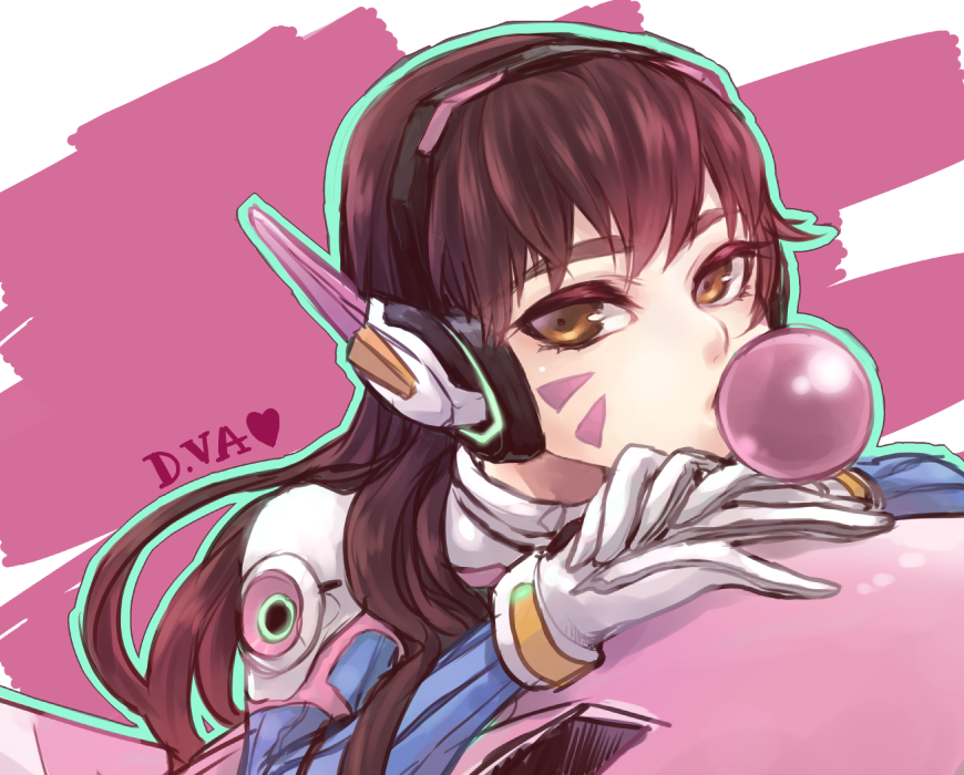 1girl animification armor bodysuit brown_eyes brown_hair bubble_blowing character_name chewing_gum commentary_request d.va_(overwatch) facial_mark gloves headphones heart high_collar jun_(junxjunx) long_hair looking_at_viewer mecha meka_(overwatch) overwatch overwatch_1 pilot_suit robot solo swept_bangs upper_body whisker_markings white_gloves