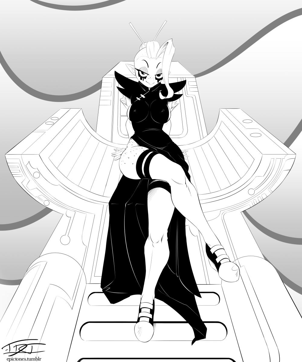 alien alien_humanoid breasts chair clothed clothing disney eyebrows eyelashes female fingers footwear freckles furniture greyscale hair half-closed_eyes hardtones hi_res humanoid humanoid_pointy_ears legwear looking_at_viewer lord_dominator monochrome narrowed_eyes noseless not_furry signature sitting solo stockings thigh_highs throne wander_over_yonder