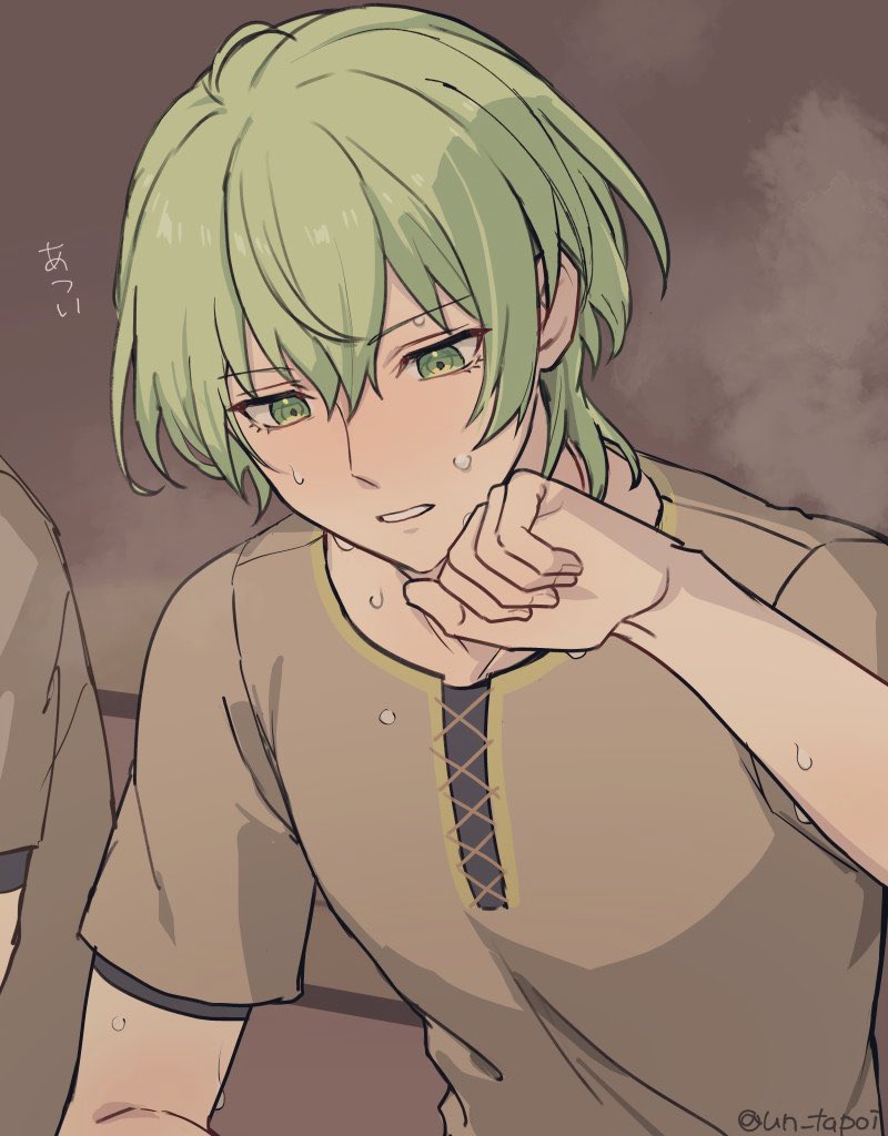 1boy brown_shirt byleth_(fire_emblem) byleth_(male)_(fire_emblem) commentary_request enlightened_byleth_(male) fire_emblem fire_emblem:_three_houses green_eyes green_hair hair_between_eyes male_focus official_alternate_costume sauna shirt short_hair short_sleeves steam sweat t-shirt twitter_username un_tapoi