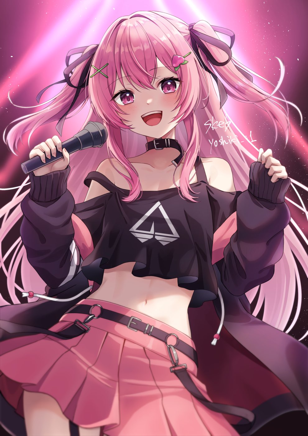 1girl bare_shoulders belt black_choker black_jacket black_shirt choker commission cowboy_shot crop_top crop_top_overhang garter_straps hair_ornament hair_ribbon hairclip hands_up highres holding holding_microphone indie_virtual_youtuber jacket long_hair long_sleeves looking_at_viewer microphone midriff miniskirt momoshiro_hakuri navel off_shoulder open_clothes open_jacket open_mouth pink_eyes pink_hair pink_skirt pleated_skirt ribbon shirt skeb_commission skirt smile solo standing stomach strap_slip two_side_up virtual_youtuber yoshiki1020