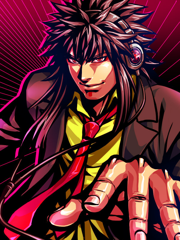 1boy beatmania_iidx black_hair black_jacket blazer closed_mouth collared_shirt commentary_request fingernails headphones jacket kagelow long_hair looking_at_viewer male_focus medium_bangs necktie red_background red_eyes red_necktie shem shirt sidelocks smile solo spiked_hair sunburst sunburst_background upper_body yellow_shirt