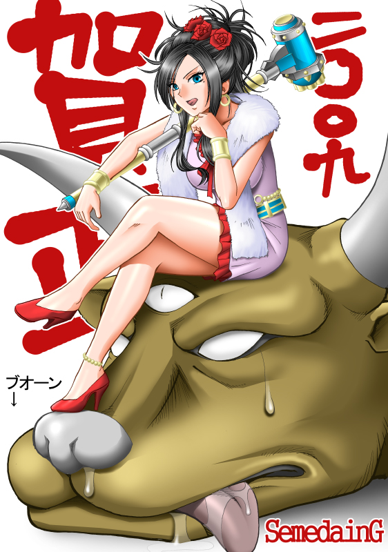 1girl 2009 bad_source black_hair blue_eyes blush bow breasts cleavage deborah_(dq5) dragon_quest dragon_quest_v dress earrings flower fur_scarf hair_flower hair_ornament hammer holding holding_hammer holding_weapon jewelry large_breasts long_hair minotaur mokkouyou_bond mole mole_under_eye monster necklace rose shiny_skin siblings sitting sitting_on_head sitting_on_person text_background tongue tongue_out weapon