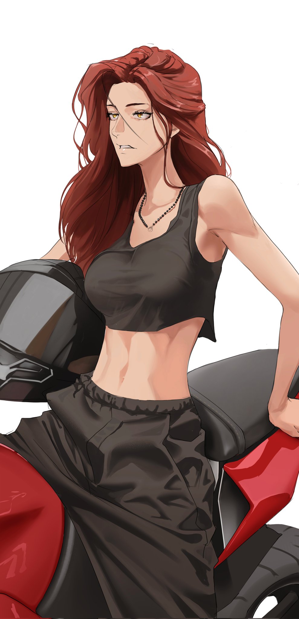 1girl abs bare_shoulders bead_necklace beads black_tank_top breasts brown_hair collarbone commentary crop_top english_commentary helmet highres holding jewelry large_breasts long_hair looking_at_viewer medium_breasts midriff motor_vehicle motorcycle motorcycle_helmet navel necklace original parted_lips red_hair simple_background sitting solo stomach tank_top tbocart toned unworn_headwear unworn_helmet white_background yellow_eyes