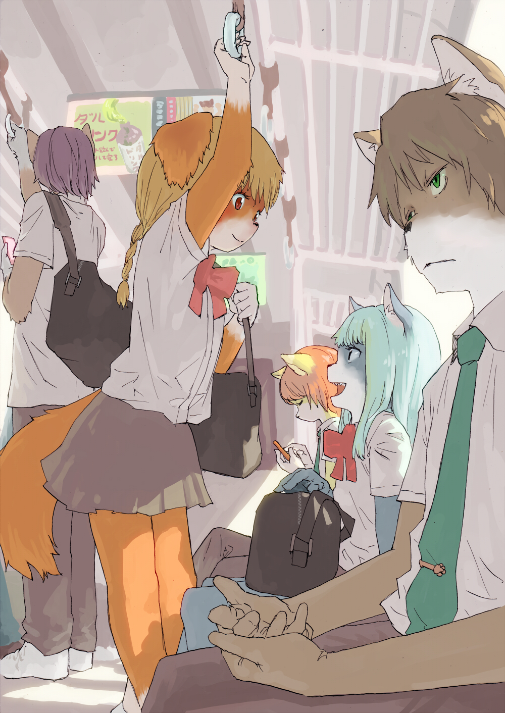 2girls 3boys animal_ears animal_nose bag blonde_hair blue_hair bow bowtie collared_shirt dog_boy dog_ears dog_girl dog_tail furry furry_female furry_male green_eyes green_necktie grey_pants grey_skirt highres holding holding_phone jitome looking_at_another looking_at_phone multiple_boys multiple_girls necktie original pants phone pink_hair profile purple_hair red_bow red_bowtie red_eyes school_bag shirt short_sleeves sitting skirt smile standing tail tie_clip train_interior white_shirt yanamosuda