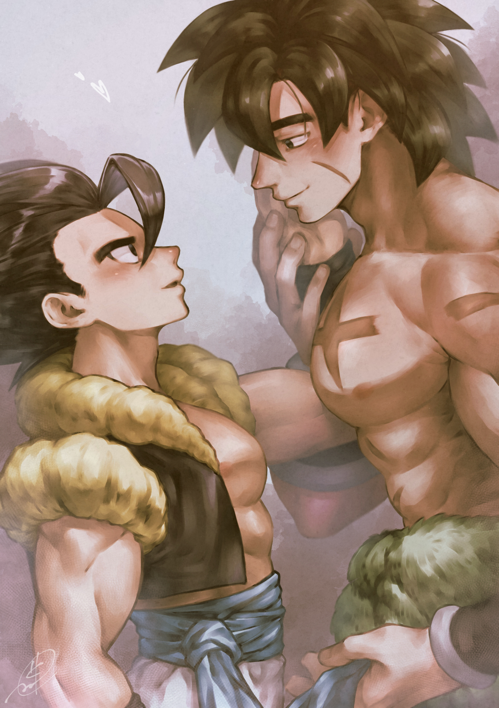 2boys bara bare_pectorals belt black_hair blue_belt blush broly_(dragon_ball_super) closed_mouth couple dragon_ball dragon_ball_super dragon_ball_super_broly gogeta gureshi_db highres large_pectorals male_focus multiple_boys muscular muscular_male open_clothes open_vest pants pectorals scar scar_on_cheek scar_on_face short_hair smile spiked_hair vest white_pants wristband yaoi