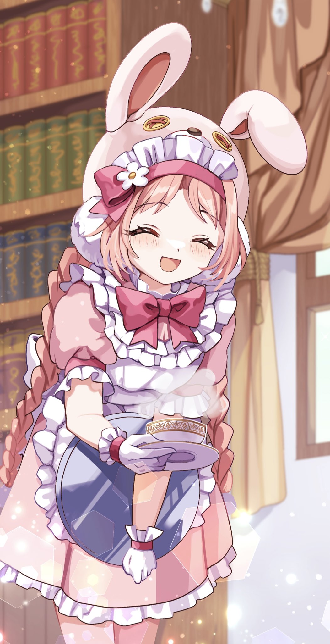 1girl alternate_costume animal_hood apron blurry blurry_background blush bookshelf braid breasts cleavage commentary_request curtains enmaided highres hood long_braid long_hair maid maid_apron maid_headdress mimi_(princess_connect!) pantyhose pink_hair plate princess_connect! ribbon rokico solo sparkle tea tray twin_braids