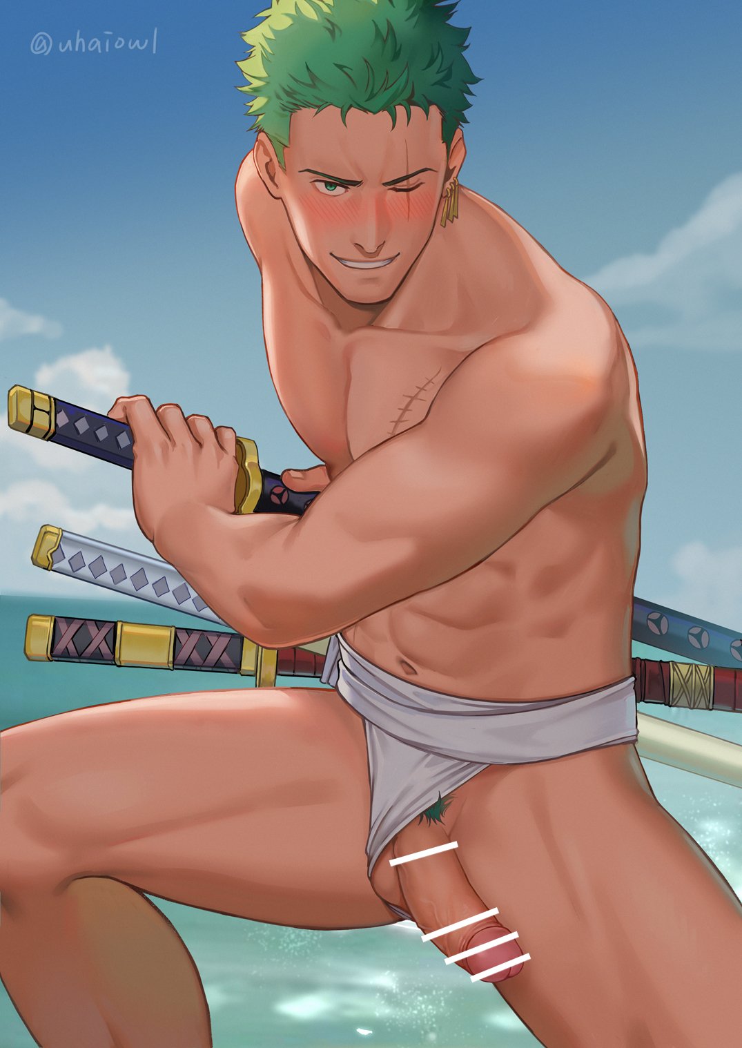 1boy abs bar_censor bara blush censored colored_pubic_hair cowboy_shot day earrings erection fighting_stance fundoshi green_hair highres holding holding_sword holding_weapon japanese_clothes jewelry male_focus male_pubic_hair male_underwear muscular muscular_male navel ocean one_eye_closed one_piece outdoors pectorals penis penis_slip pubic_hair roronoa_zoro scar scar_across_eye scar_on_chest scar_on_face short_hair sideburns single_earring smile solo sword testicle_peek topless_male triple_wielding uhai underwear underwear_only weapon white_male_underwear