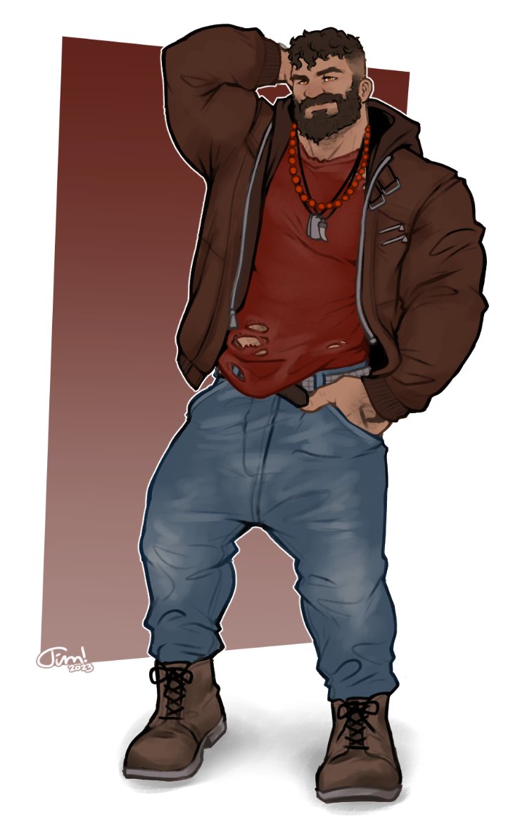 1boy arm_behind_head baggy_pants bara bead_necklace beads brown_hair brown_jacket contrapposto denim dog_tags full_body hand_hair hand_in_pocket inset_border jacket jeans jewelry male_focus mature_male milo_(theborklords) muscular muscular_male necklace original pants pectorals second-party_source short_hair solo standing thick_mustache tim_(shockjaws) undercut wavy_hair