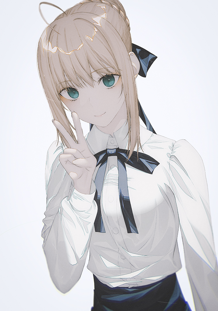 1girl ahoge artoria_pendragon_(fate) blonde_hair blue_ribbon blue_sky braid braided_bun closed_mouth commentary fate/grand_order fate/stay_night fate_(series) fov_ps french_braid green_eyes hair_between_eyes hair_bun hair_ribbon long_sleeves looking_at_viewer ribbon saber_(fate) shirt short_hair sidelocks simple_background single_hair_bun sky smile solo symbol-only_commentary upper_body v white_shirt