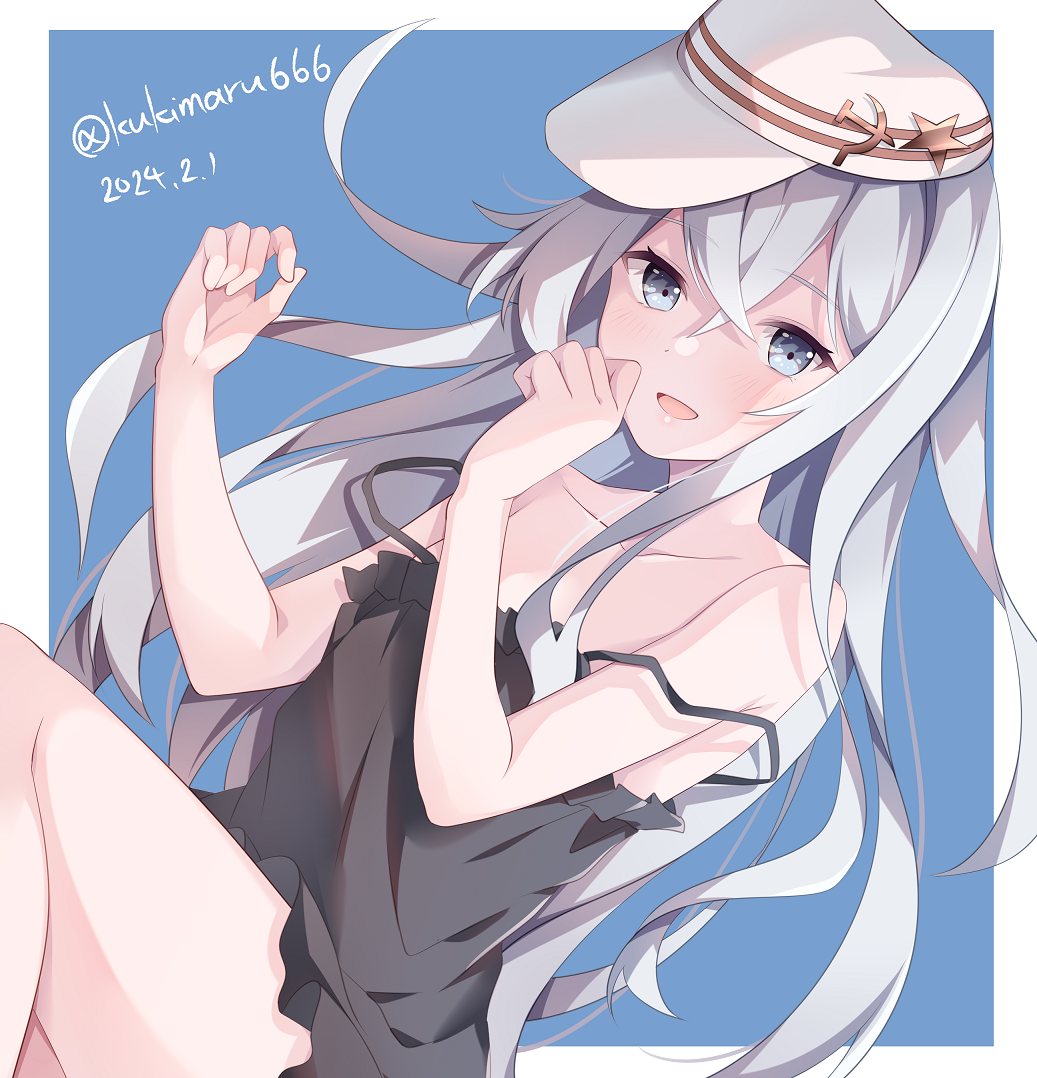 1girl black_camisole blue_eyes blush camisole collarbone dated feet_out_of_frame grey_hair hair_between_eyes hammer_and_sickle hat hibiki_(kancolle) kantai_collection kukimaru long_hair open_mouth smile solo thighs twitter_username verniy_(kancolle) white_headwear
