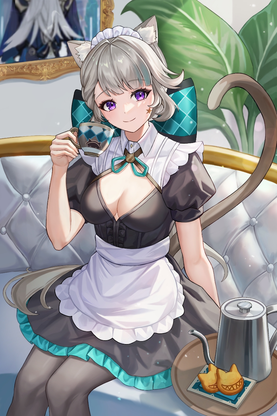1girl alternate_costume animal_ear_fluff animal_ears apron black_dress black_pantyhose breasts cat_ears cleavage cup dress english_commentary enmaided facial_mark feet_out_of_frame genshin_impact grey_hair hand_up head_tilt highres holding holding_cup indoors kama_(kama_ovo) kettle long_hair looking_at_viewer lynette_(genshin_impact) maid medium_breasts neuvillette_(genshin_impact) painting_(object) pantyhose plant puffy_short_sleeves puffy_sleeves purple_eyes short_dress short_sleeves sitting smile solo star_(symbol) very_long_hair waist_apron white_apron