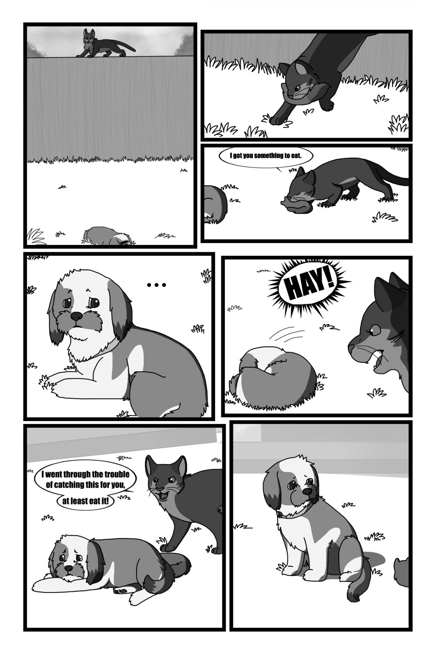 2014 ambiguous_gender angry bluekyokitty canid canine canis cel_shading collar comic detailed_background dialogue digital_drawing_(artwork) digital_media_(artwork) digitigrade diogee_(serenity) domestic_cat domestic_dog ellipsis english_text felid feline felis female_(lore) fence feral floppy_ears fur grass greyscale group hi_res impact_(font) jasper_(serenity) lop_ears lying male_(lore) mammal monochrome open_mouth oriental_shorthair outside paws plant rodent sad sciurid sebdoggo serenity_(comic) shaded shih_tzu sitting snout standing tail teeth text tongue toy_dog tree_squirrel trio yelling