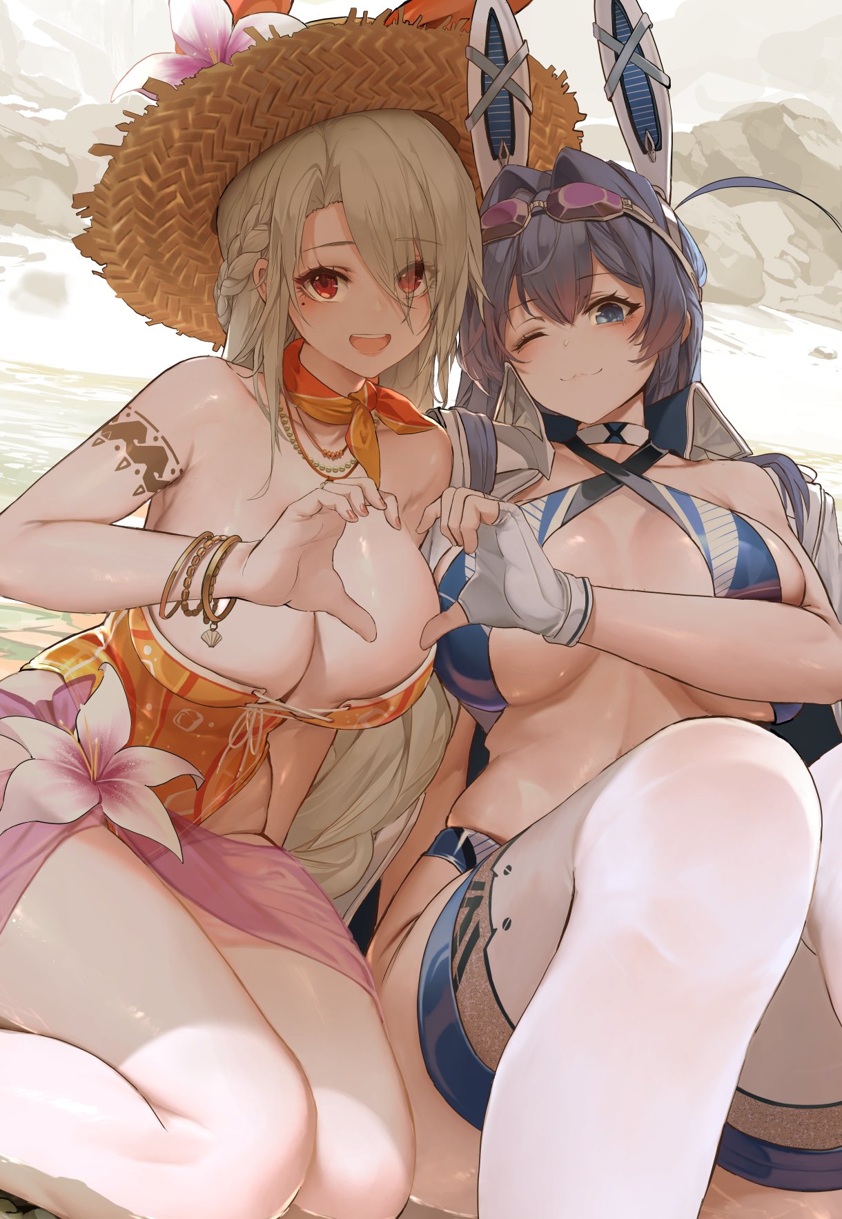 2girls :d animal_ears azur_lane beach blue_eyes blue_hair blush braid breasts brown_headwear cleavage collarbone dishwasher1910 eyes_visible_through_hair fake_animal_ears fishing fishing_line fishing_rod goggles goggles_on_head hair_over_one_eye hat heart heart_hands heart_hands_duo highres in_water large_breasts legs long_hair looking_at_viewer mechanical_ears multiple_girls new_jersey_(azur_lane) no_shoes official_art open_mouth prinz_heinrich_(azur_lane) rabbit_ears red_eyes smile soles straw_hat sun_hat swimsuit thighhighs thighs wet white_hair white_thighhighs