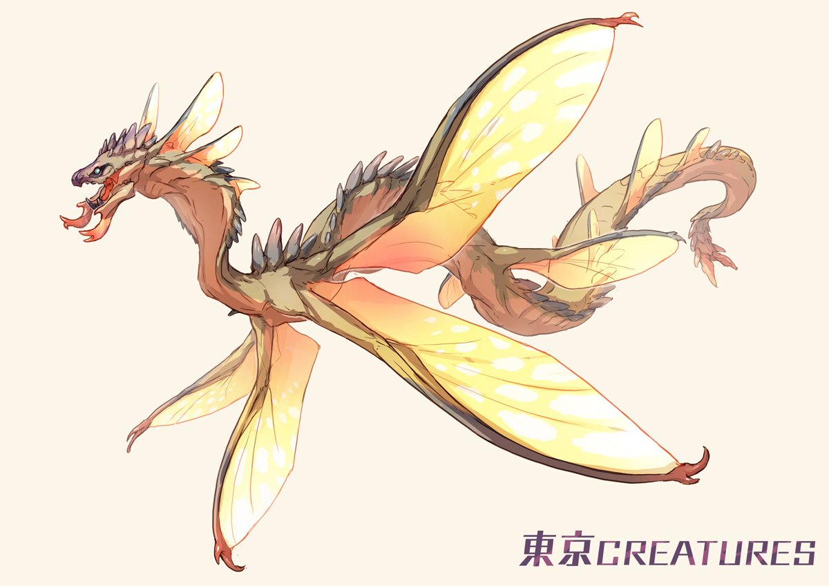 animal_focus blue_eyes chimera commentary_request dragon fangs flying from_side full_body head_wings insect_wings monster multiple_wings no_humans open_mouth original simple_background solo spikes tail transparent_wings white_background wings yamamura_le yellow_wings