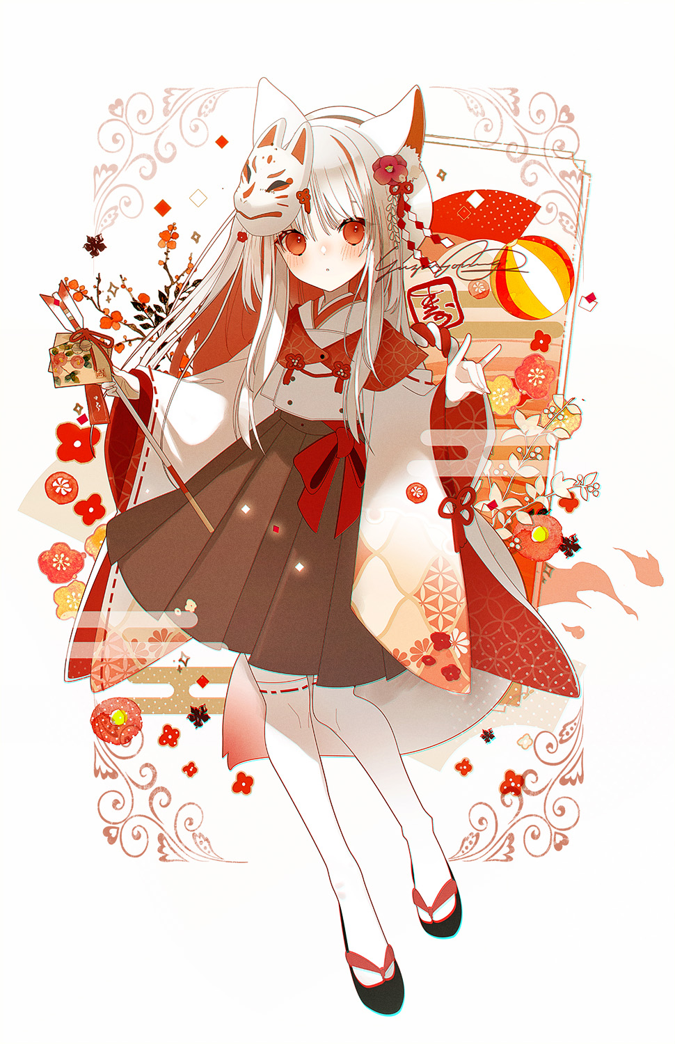 1girl animal_ear_fluff animal_ears arrow_(projectile) bell black_footwear blush brown_skirt closed_mouth commentary_request egasumi ema fox_ears fox_girl fox_mask fox_shadow_puppet fox_tail full_body grey_hair hamaya highres holding holding_arrow japanese_clothes jingle_bell kimono long_sleeves looking_at_viewer mask mask_on_head multicolored_hair original over-kneehighs pleated_skirt red_eyes red_hair ribbon-trimmed_thighhighs sandals signature skirt solo tail thighhighs two-tone_hair white_background white_kimono white_thighhighs wide_sleeves yuzuyomogi zouri