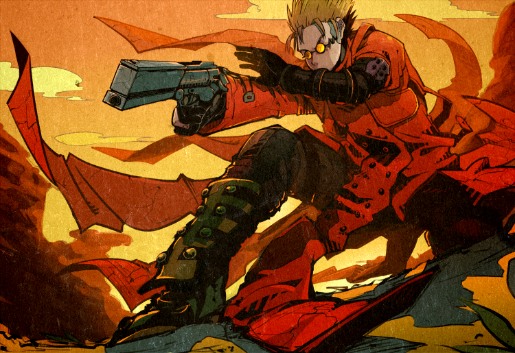 1boy aiming aqua_eyes black_gloves black_pants blonde_hair boots clip_studio_paint_(medium) coat cowboy_shot cowboy_western desert earrings elbow_pads gloves grin gun handgun high_collar holding holding_gun holding_weapon imo_su_p jewelry knee_pads long_coat looking_at_viewer male_focus pants red_coat revolver science_fiction smile spiked_hair squatting sunglasses sunlight sunset torn_clothes torn_coat trigun vash_the_stampede weapon