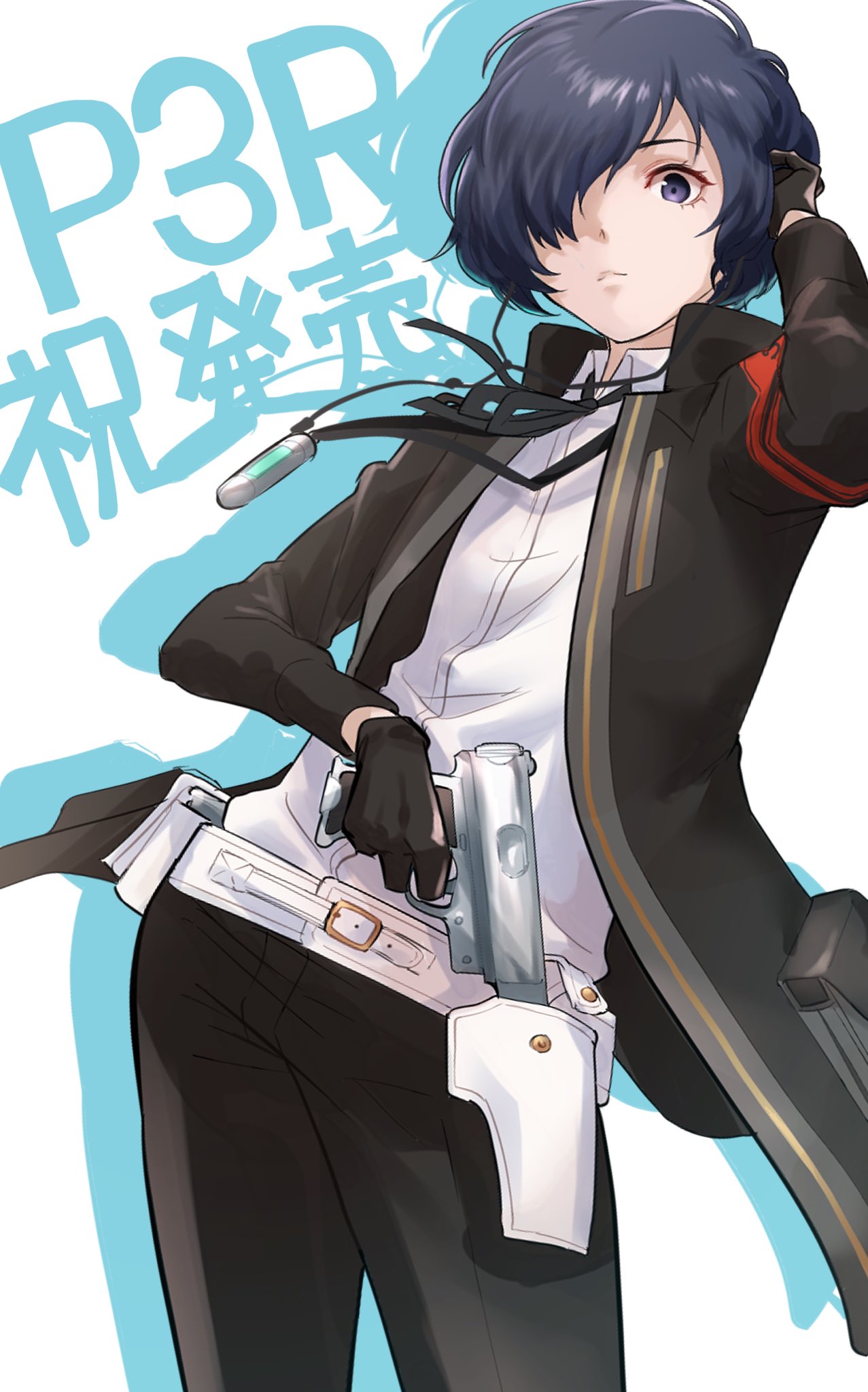 1boy arm_up black_gloves black_jacket black_pants black_ribbon blue_eyes closed_mouth collared_shirt commentary_request copyright_name countdown_illustration cowboy_shot drop_shadow evoker eyelashes gloves gun hand_on_own_wrist highres holding holding_gun holding_weapon jacket kurosususu looking_at_viewer neck_ribbon one_eye_covered open_clothes open_jacket pants persona persona_3 persona_3_reload ribbon shirt short_hair simple_background solo translation_request weapon white_background white_shirt yuuki_makoto
