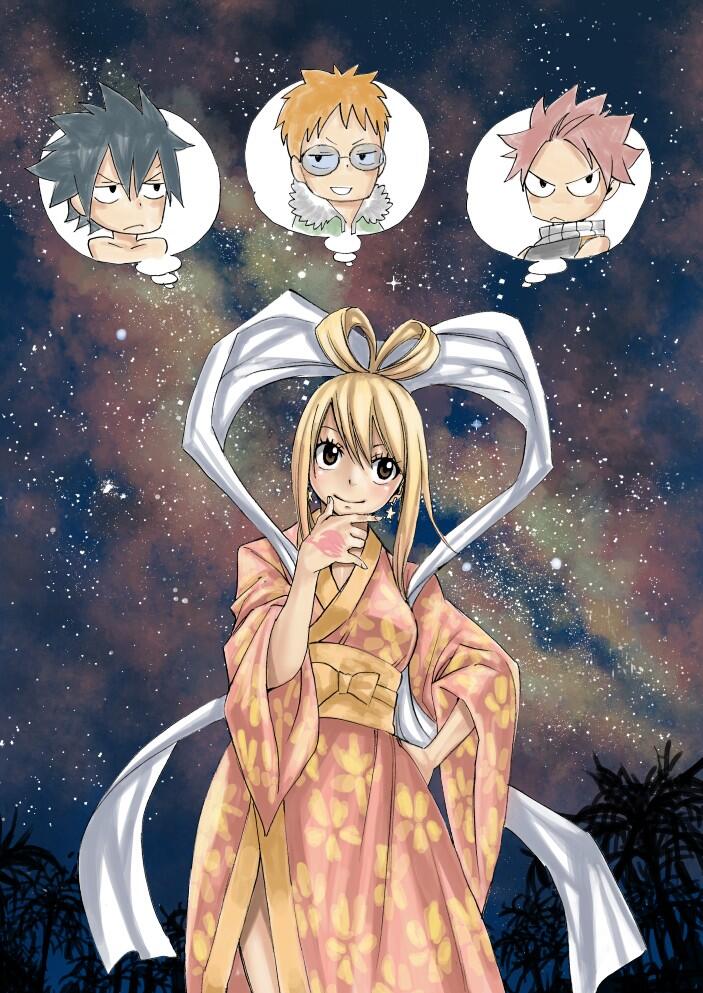 1girl blonde_hair brown_eyes fairy_tail fairy_tail_logo gray_fullbuster hand_tattoo japanese_clothes kimono loke_(fairy_tail) lucy_heartfilia mashima_hiro multiple_boys natsu_dragneel night night_sky pink_hair scarf sky spiked_hair star_(sky) starry_sky tanabata tattoo white_scarf yukata