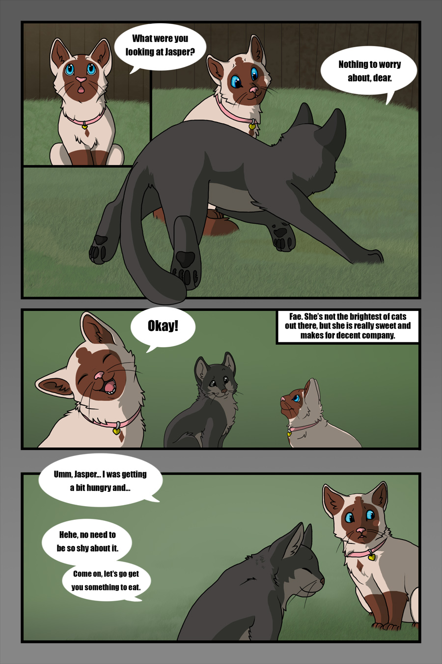 2013 ambiguous_gender birman_cat black_pawpads black_text black_whiskers blue_eyes bluekyokitty border brown_body brown_fur brown_inner_ear brown_nose cel_shading collar collar_tag comic day detailed_background dialogue digital_drawing_(artwork) digital_media_(artwork) digitigrade domestic_cat duo english_text eye_contact eyes_closed fae_(serenity) felid feline felis female_(lore) fence feral fur grass grey_body grey_border grey_fur grey_inner_ear happy heart_collar_tag hi_res himalayan_cat impact_(font) jasper_(serenity) looking_aside looking_at_another male_(lore) mammal mixed_breed open_mouth open_smile outside pawpads paws pink_collar pink_nose pink_tongue plant sebdoggo serenity_(comic) shaded sitting smile speech_bubble tan_body tan_fur teeth text text_box tongue