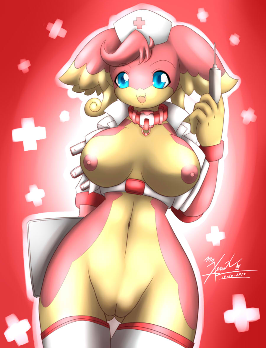 anthro audino bellybutton big_breasts blue_eyes breasts collar cute fang female front furry looking_at_viewer medical midriff mn_xenx mnxenx001 mouth_open needle nintendo nipples nude nurse pink_body pok&#233;mon pok&#233;morph pokemon pussy shiny solo standing syringe tabunne uniform video_games