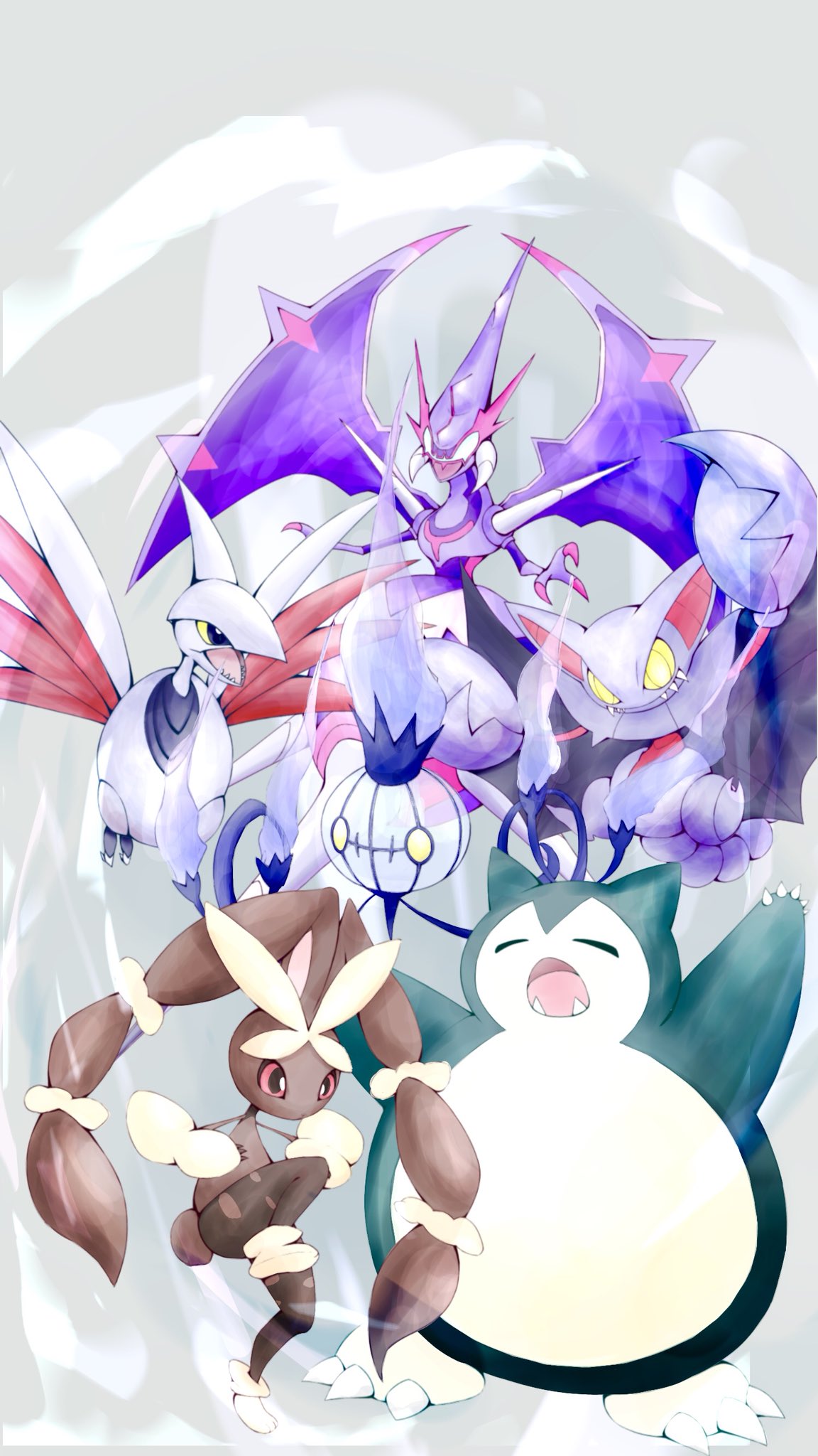 black_eyes chandelure claws closed_eyes colored_sclera fangs fire fireblast gliscor grey_background highres horns lopunny mega_lopunny naganadel no_humans open_mouth pokemon pokemon_(creature) purple_fire red_eyes sharp_teeth single_horn skarmory snorlax standing standing_on_one_leg talons teeth wings yellow_eyes yellow_sclera