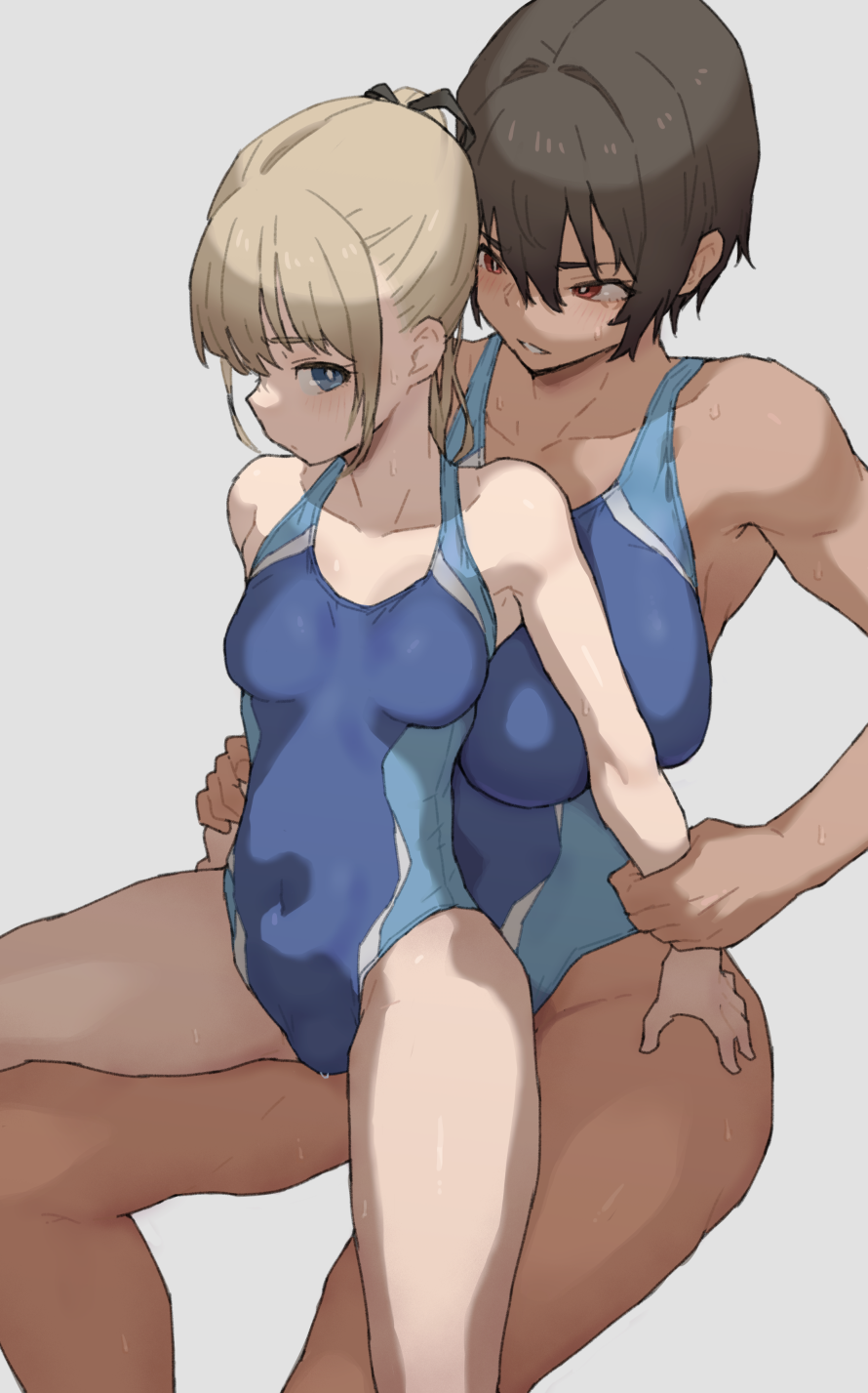 2girls blonde_hair blue_one-piece_swimsuit breasts bright_pupils brown_hair collarbone competition_swimsuit covered_navel dark-skinned_female dark_skin grey_background highres holding_another's_wrist large_breasts long_hair looking_at_another m_k medium_breasts multiple_girls one-piece_swimsuit original ponytail red_eyes short_hair simple_background sitting sitting_on_lap sitting_on_person size_difference sweat swimsuit thighs tomboy white_pupils yuri