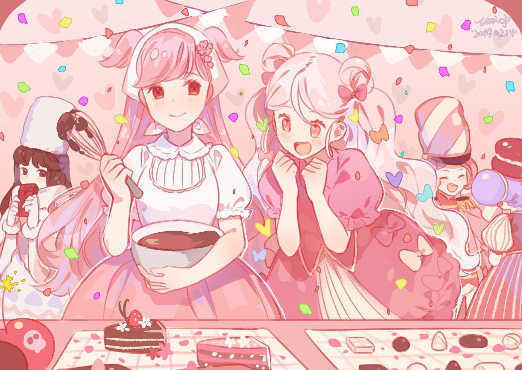 5girls ^_^ batter blue_bow bow bow_skirt bowl box brown_eyes brown_hair brown_headwear bubble_skirt cake cake_slice cherry_blossom_cookie chocolate chocolate_cake clenched_hands closed_eyes cocoa_cookie collar colored_eyelashes confetti cookie_run cooking cotton_candy_cookie covered_mouth cowboy_shot dated double_bun dress epaulettes flower food food-themed_hat frilled_shirt_collar frilled_skirt frilled_sleeves frills from_behind fur_cuffs fur_hat garland_(decoration) hair_bow hair_bun hair_flower hair_ornament hat head_scarf heart heart_background heart_hair_ornament high_collar holding holding_bowl holding_box holding_whisk indoors jacket leaning_forward light_blush long_hair long_sleeves looking_at_another looking_at_food macaron macaron_cookie marshmallow_cookie military_uniform miniskirt multiple_girls multiple_hair_bows open_mouth orange_bow pants pink_background pink_bow pink_eyes pink_flower pink_hair pink_headwear pink_jacket pink_shirt pink_skirt pink_sleeves pink_theme puffy_short_sleeves puffy_sleeves purple_hair red_collar red_eyes red_shirt red_skirt red_vest scarf shako_cap shirt short_hair short_sleeves signature skirt smile striped_clothes striped_headwear striped_skirt tablecloth teeth two-tone_headwear two_side_up umi_(yasu1ko) uniform upper_teeth_only ushanka valentine vertical-striped_clothes vertical-striped_skirt vertical-striped_sleeves very_long_hair vest whisk white_chocolate white_dress white_headwear white_pants white_scarf white_shirt white_sleeves white_wrist_cuffs wrist_cuffs