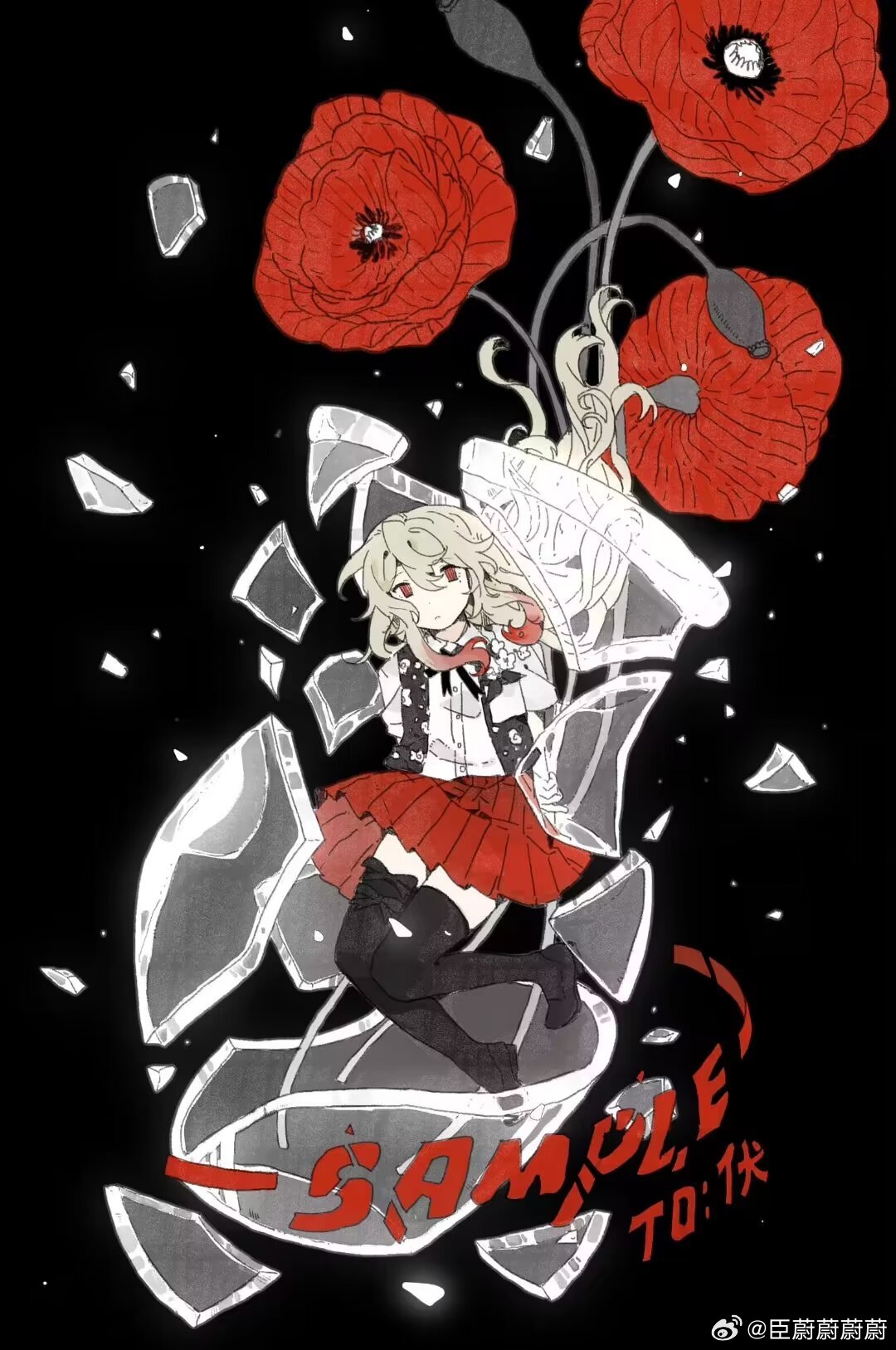 1girl black_background black_thighhighs blonde_hair broken_vase chenweiweiweiwei chinese_commentary closed_mouth commission english_text expressionless floating flower full_body glass_shards grey_vest hair_between_eyes highres light_particles long_hair looking_at_viewer no_pupils no_shoes original pleated_skirt poppy_(flower) red_eyes red_flower red_skirt sample_watermark shirt short_sleeves skirt solo thighhighs vase vest watermark weibo_logo weibo_username white_shirt zettai_ryouiki