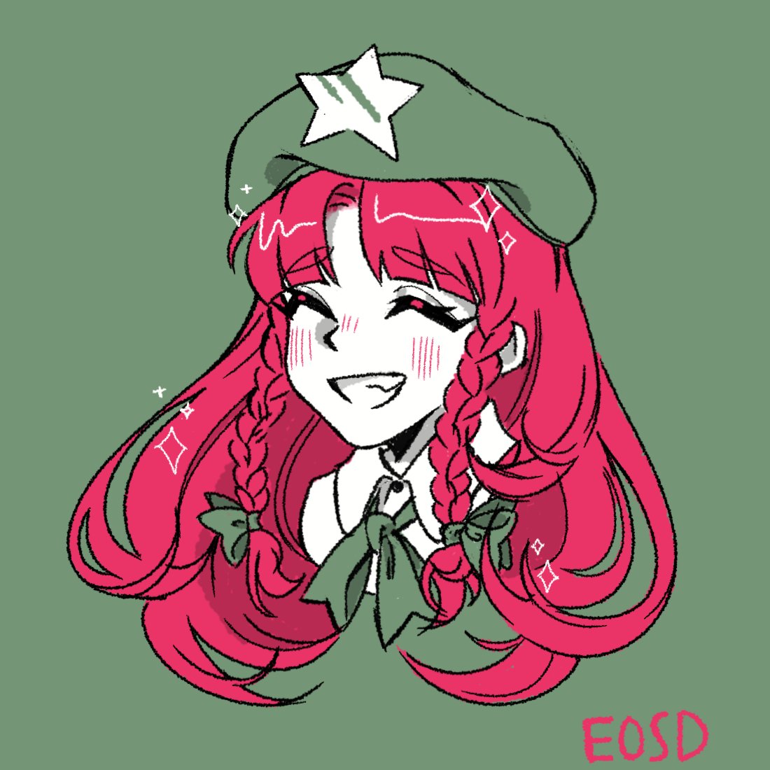 1girl beret blunt_bangs braid closed_eyes commentary dreamysuite green_background green_headwear hat hat_ornament hong_meiling portrait side_braids simple_background smile star_(symbol) star_hat_ornament touhou twin_braids