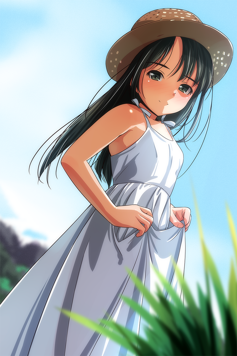 1girl bare_shoulders black_hair blue_sky blurry blurry_background blurry_foreground blush breasts clothes_lift day depth_of_field dress dress_lift dress_straps dutch_angle grey_eyes hat highres long_hair looking_at_viewer looking_to_the_side matsunaga_kouyou nose_blush original outdoors sky small_breasts smile solo strap straw_hat sundress white_dress