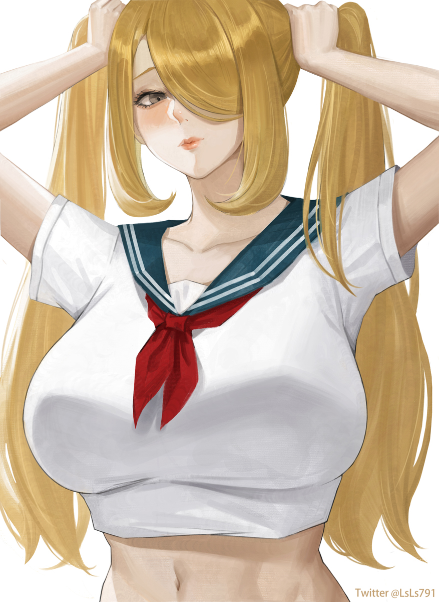 1girl alternate_costume blonde_hair blue_sailor_collar blush breasts crop_top cropped_shirt cynthia_(pokemon) grey_eyes hair_over_one_eye highres large_breasts long_hair looking_at_viewer lsls midriff navel neckerchief pokemon pokemon_dppt red_neckerchief sailor_collar short_sleeves simple_background solo twintails white_background