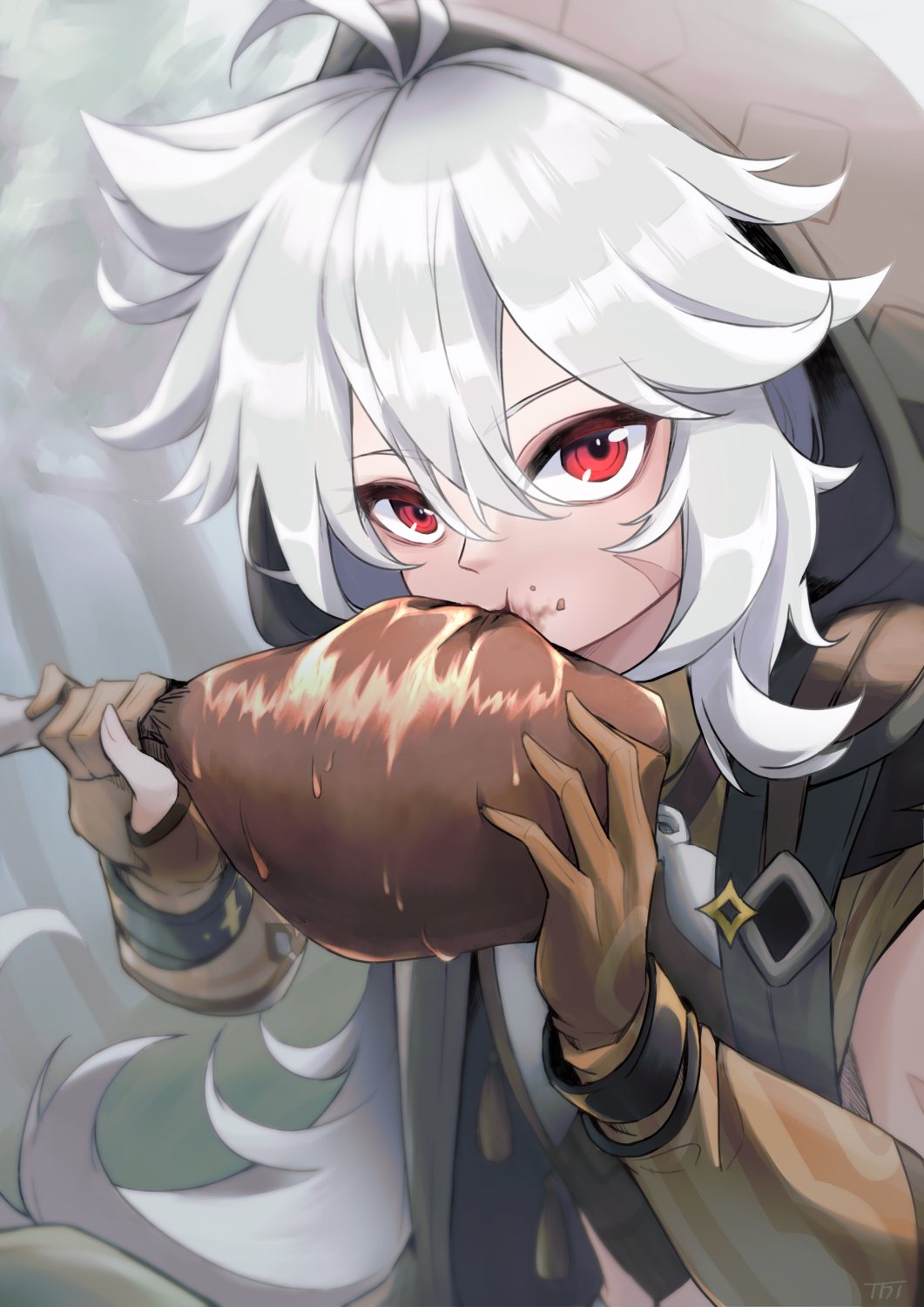 1boy ahoge bishounen bone_necklace eating food genshin_impact gloves grey_hair highres hood igaitoniteru long_hair male_focus meat orange_gloves razor_(genshin_impact) red_eyes solo upper_body