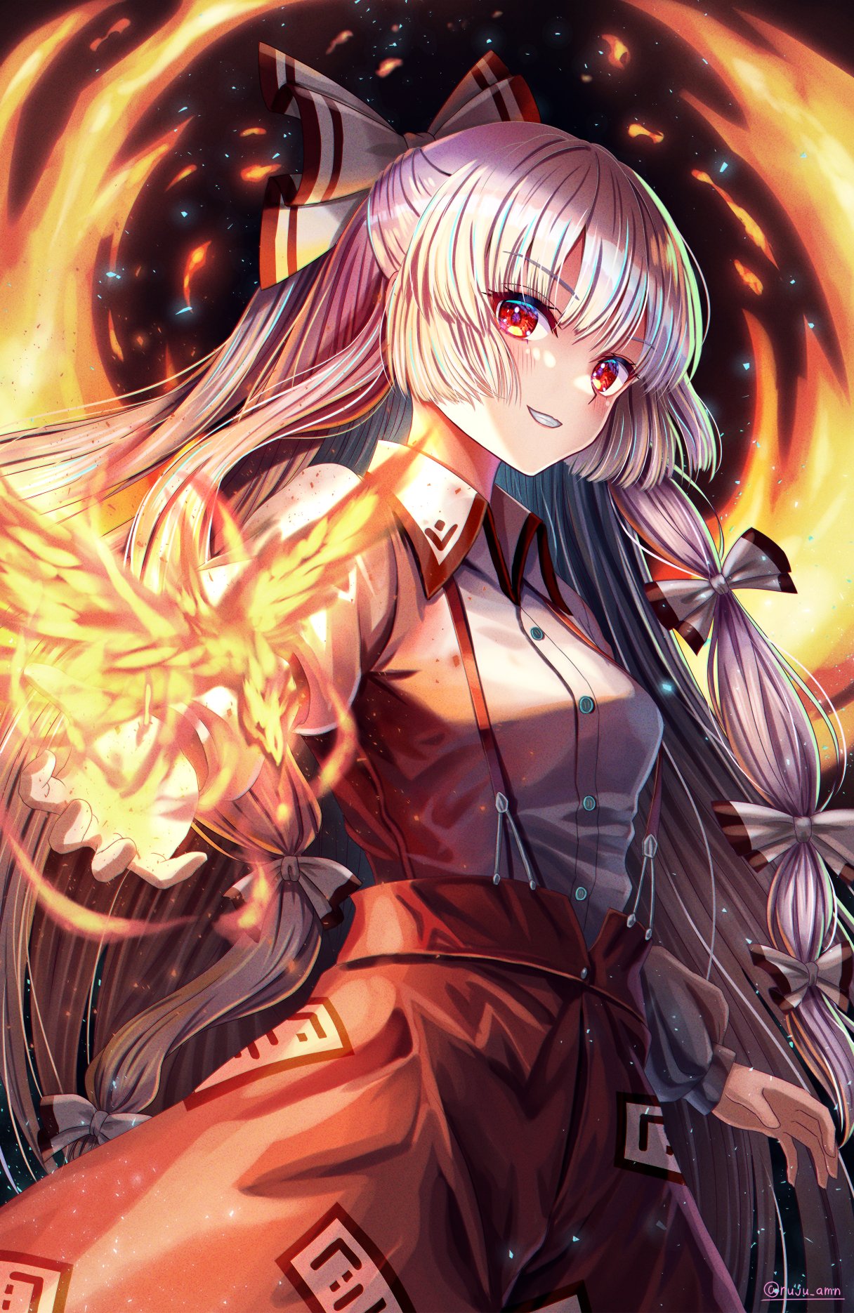 1girl bow fire fujiwara_no_mokou hair_bow highres long_hair long_sleeves ofuda ofuda_on_clothes open_mouth pants red_eyes red_pants rouge_(my_rouge) smile solo suspenders touhou white_hair