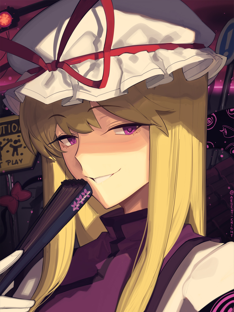 black_background blonde_hair boa_(brianoa) dress folding_fan hand_fan hat hat_ribbon long_hair looking_at_viewer mob_cap purple_dress purple_eyes purple_tabard red_ribbon ribbon sign smile space tabard touhou yakumo_yukari