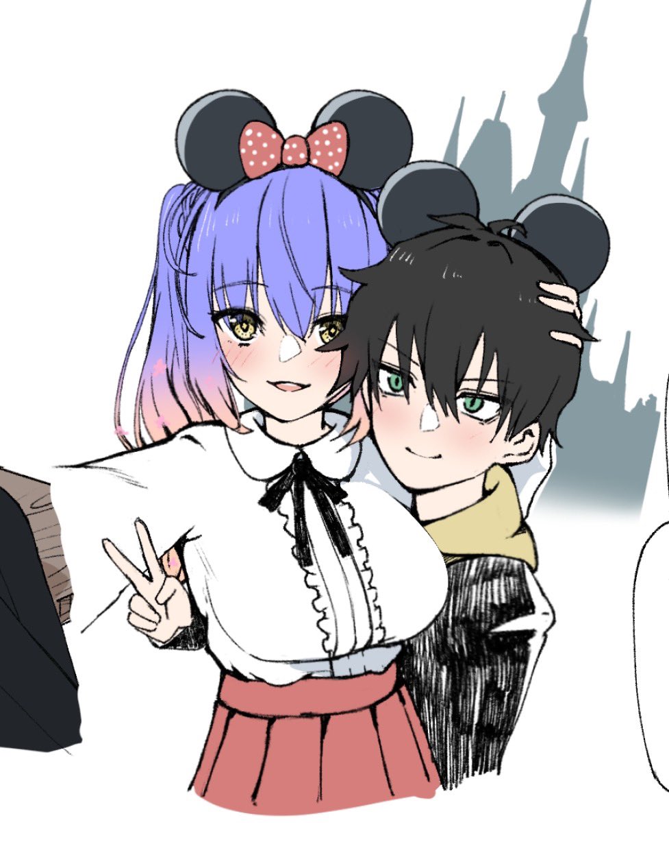 &gt;:) 1boy 1girl alternate_costume animal_ears black_hair black_ribbon blue_hair blush bow breasts closed_mouth commentary couple cowboy_shot disneyland ears_visible_through_hair fake_animal_ears flower gradient_hair green_eyes hair_between_eyes hair_bow hair_flower hair_ornament hand_on_another's_head happy heads_together hetero highres hug kohibari_kurumi large_breasts long_sleeves looking_at_viewer mouse_ears multicolored_hair neck_ribbon parted_lips pink_flower pink_hair pleated_skirt polka_dot polka_dot_bow red_bow red_skirt ribbon selfie shirt short_hair simple_background sketch skirt smile spiked_hair tanikaze_riku tenshi_souzou_re-boot! tft_(tft7822) tsurime twintails v v-shaped_eyebrows white_background white_shirt yellow_eyes